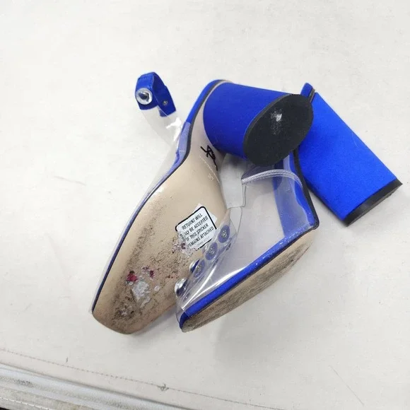 Paul Andrew Womens Heels Serrano Blue Satin PVC Cabochon Peep Toe Slingback 37 7 - Picture 8 of 10